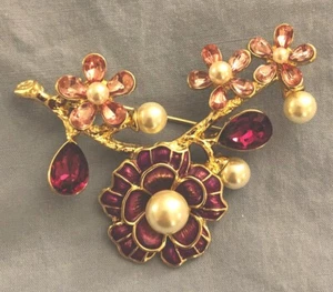 Anne Klein Red Enamel Rhinestone Flower Brooch - Gold Tone - Picture 1 of 4