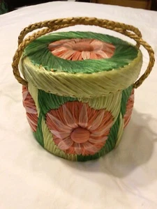 Vintage MCM Big Pink Flowers Raffia Straw Tote Cabana Bag Round Purse Boho Beach - Picture 1 of 10