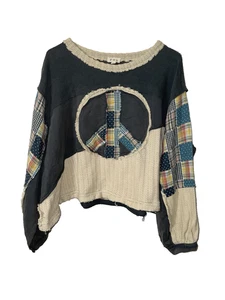 POL Patchwork Reversed Seams Sweater with Peace Sign Size Medium - Picture 1 of 4