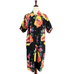 Vtg Naj Oleari Boho Puff Sleeve Cotton Midi Dress Womens 10 Black Floral Pockets - Picture 1 of 15