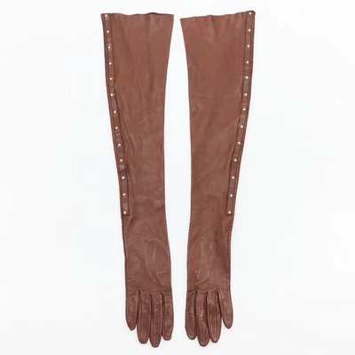 rare GUCCI Tom Ford Runway Vintage brown gold studs leather opera gloves Sz7.5 - Image 1 of 4