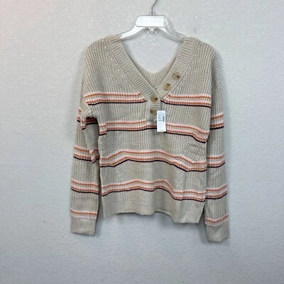 Maurices Striped Vneck Knit Pullover Sweater w Button Detail Womens size XS NEW - Image 1 of 4