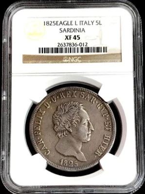 1825 L SILVER SARDINIA ITALIAN STATE 5 LIRE CARLO FELICE COINAGE NGC XF 45 - Image 1 of 3