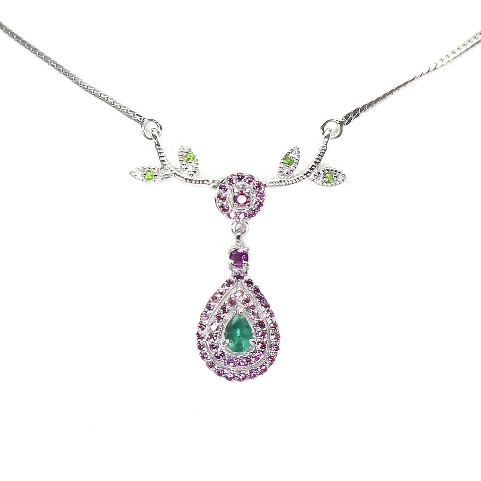 Sommer 925 Silber Halskette Birne Smaragd 6x4mm Rhodolith Edelstein 45.7cm - Bild 1 von 4