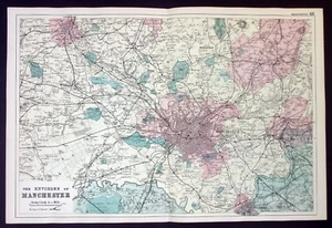 ENVIRONS OF MANCHESTER, antica mappa originale dell'atlante, FERROVIE, Bacon, 1890 - Foto 1 di 4