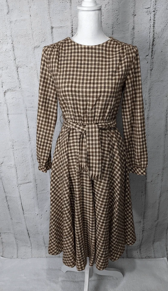 Vestido midi vintage de lana marrón a cuadros manga larga forrado talla XS Foto 1 de 4