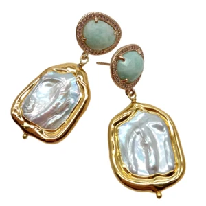 Natural Green Amazonite Cultured Rectangle White Keshi Pearl Stud Earrings - Picture 1 of 7