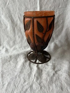 große Jugendstil Glas Vase mit Metallmontur mit Floralemmuster Frankreich - Bild 1 von 12