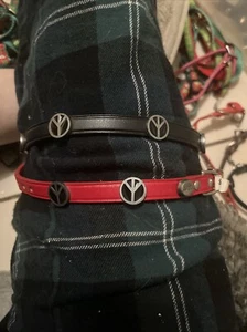 Dog Designer Collar Leather Peace Sign Beaded Red Black XS M - Picture 1 of 3