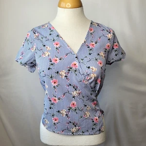 Tresics Womens Wrap Blouse Size S/P Blue Stripe Multicolor Floral Short Sleeve - Picture 1 of 9