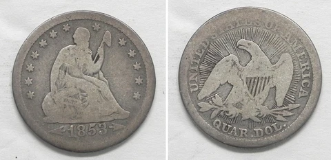 X4499  1853 Arrows/Rays Liberty Seated Quarter 25c, Good Cover