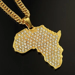 LARGE African Symbol of Unity Power Gold Plated Map Pendant Necklace Men Jewelry - Picture 1 of 11