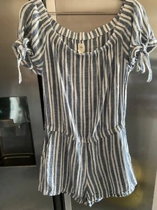 H&M playsuit linen blend Size 14 Blue White striped Holiday Summer Beach - Picture 1 of 8