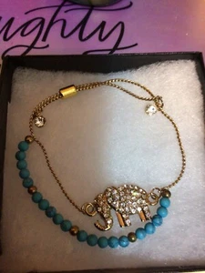 Gold Chain Elephant Turquoise Beads, Crystals Slide Adjustable Bracelet NEW Q-8 - Picture 1 of 2