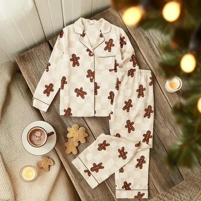 Пряничный мужской клетчатый пижамный комплект, уютная праздничная ночная одежда, женская пижама - Изображение 1 из 3