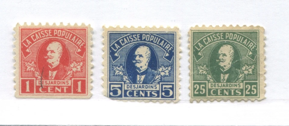 Quebec 1934 La Caisse Populaire 1, 5, and 25 cents Savings Stamps mint no gum - Image 1 of 1