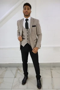 Herren beige schwarz KONTRAST dreiteiliger ANZUG Hochzeit Rennen Abschlussball Bräutigam Stretch Passform - Bild 1 von 18