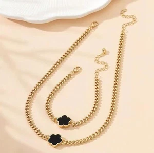 Kleeblatt Halskette Armband Set Panzerkette schwarz vergoldet Damen Schmuck Gebu - Bild 1 von 3