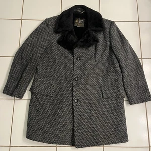 Vintage London Fog Men’s Wool Blend Coat 44R Gray Black Fur Collar Lined Jacket - Picture 1 of 11