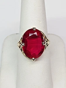 Statement AFFORDABLE 12.7k Gold Lab Created Oval Ruby Filigree Ring Sz 7 - Picture 1 of 19