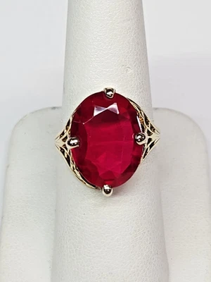 Statement AFFORDABLE 12.7k Gold Lab Created Oval Ruby Filigree Ring Sz 7 - Image 1 of 4