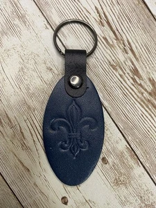 Handmade Blue Fleur De Lis Stamps Real Leather Keychain Purse Key Ring - Picture 1 of 2