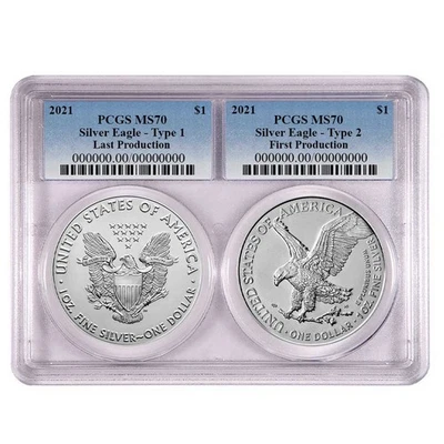 2021 $1 T-1, T-2 Silver Eagle Set PCGS MS70 First and Last Production Blue Label - Image 1 of 2