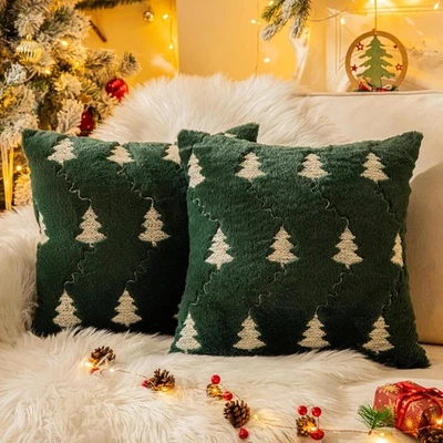 AQOTHES Christmas Tree Embroidered Green Throw Pillows Cover 18x18 Inch, Set of  - Image 1 of 4