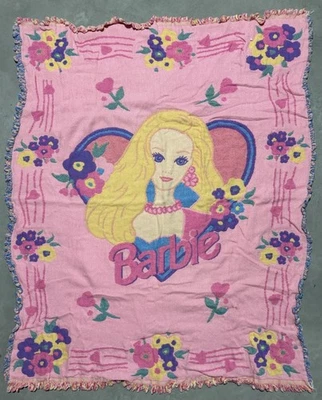 Vintage Barbie Woven Tapestry Throw Blanket Pink USA Beacon 60x50 Acrylic w/Bag - Image 1 of 4