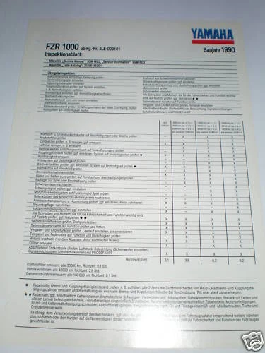 Hoja De Inspección Yamaha FZR 1000 Tipo 3LE - Año 1990! - Imagen 1 de 1