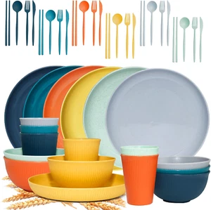 42Pcs Wheat Straw Dinnerware Set Unbreakable Plates Bowls Eco Microwave Safe - Picture 1 of 12
