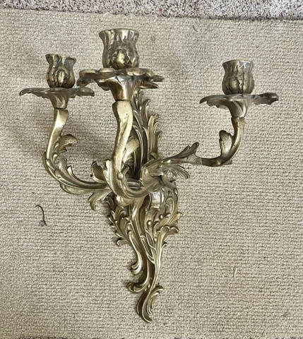 Vintage French Louis XV Style 3 Arm Brass Wall Candle Sconce Lot 2 Cover