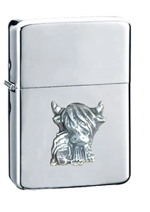 HIGHLAND COW OX Pewter design on a SILVER flip top petrol lighter windproof - Picture 1 of 1