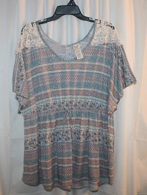 Faded Glory® Colorful Short Raglan Sleeve Stretch Pullover Blouse w/Lace-Size 2X - Изображение 1 из 4