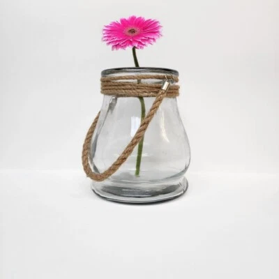 Rustic Glass Jar Lantern Vase with Rope Handle – 8x10” Coastal Decor - Image 1 of 4