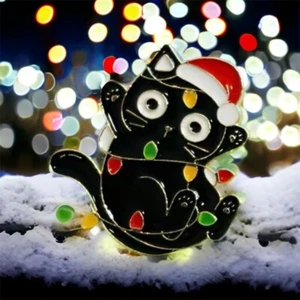 Cat Enamel Pin Christmas Lights Wrapped Black Kitten Brooch Lapel Badge Jewelry - Picture 1 of 6