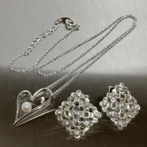 TASAKI Pearl Heart Necklace, Floral Earrings, Silver - Picture 1 of 15