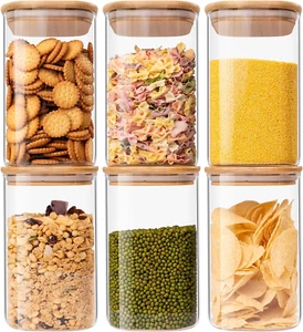 Juego de 6 frascos de almacenamiento de alimentos de vidrio de 37 oz, contenedores de almacenamiento de vidrio para alimentos de vidrio transparente - Imagen 1 de 12