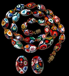 Vintage venezianische italienische Murano Millefiori Kunst Glas ovale Perlen Halskette & ERs - Bild 1 von 13