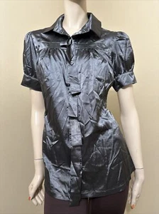 Women’s Grey Polyester Casual Classic Button Up Short Sleeve Size L Top Blouse - Picture 1 of 21
