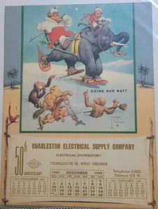 1950 Charleston WV Electric Co Kalender pg Affe Elefant Lawson Holz Vintage  - Bild 1 von 1
