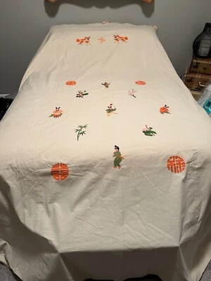 Handmade Chinese Folk Art  Quilt Top foxes, plants, man Bai Jia Bei /110" x 84" - Image 1 of 4