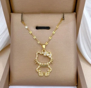 Zirkonia Hello Kitty Halskette 18 K Gold Disney Kinder Damen Kette Mädchen Süß - Bild 1 von 3