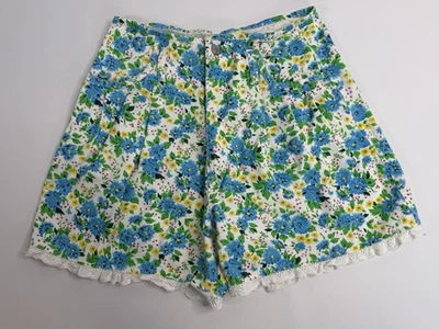 Shorts de algodão floral vintage Gitano azul amarelo com acabamento em renda tamanho 11 RARO - Imagem 1 de 4