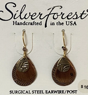 Silver Forest Earrings Copper Tone Teardrop Layered Dangle Surgical Steel - Image 1 of 4