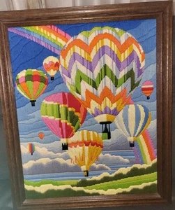 Vintage Crewel Hot Air Balloons Large Framed 23X19 - Picture 1 of 4