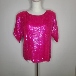 Top Vintage Rina Z Rosa Barbiecore Lentejuelas Manga Corta Seda Noche Fiesta Talla M - Imagen 1 de 6