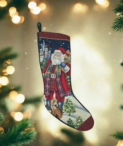 Vintage Nadelspitze Weihnachtsstrumpf europäischer Weihnachtsmann Burg Fuchs Schnee Baum  - Bild 1 von 4