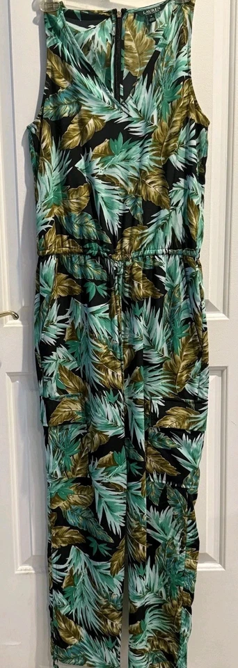 Lauren Ralph Lauren Green Tropical Romper Sz 8 Drawstring Waist Pockets Resort - Image 1 of 4