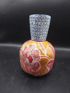 Anthropologie Zahara Ceramic Vase 7" Discontinued HTF Hibiscus  Orange Red Blue - Picture 1 of 14
